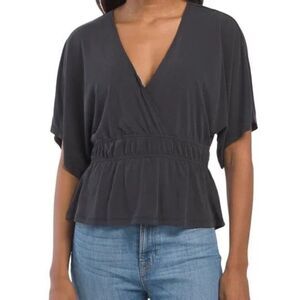 Womens Lucky Brand Dark Gray Black V-neck Peplum Cinch Waist Blouse Small